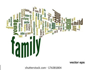 Vector concept or conceptual education abstract word cloud, white background, metaphor to child, family, school, life, learn, knowledge, home, study, teach, educational, achievement, childhood or teen
