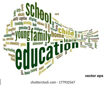 Vector concept or conceptual education abstract word cloud, white background, metaphor to child, family, school, life, learn, knowledge, home, study, teach, educational, achievement, childhood or teen