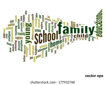 Vector concept or conceptual education abstract word cloud, white background, metaphor to child, family, school, life, learn, knowledge, home, study, teach, educational, achievement, childhood or teen