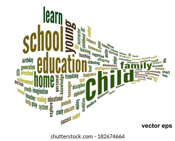 Vector concept or conceptual education abstract word cloud, white background, metaphor to child, family, school, life, learn, knowledge, home, study, teach, educational, achievement, childhood or teen