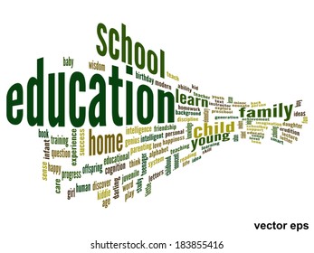 Concepto vectorial o educación conceptual nube de palabras abstracta, fondo blanco, metáfora al niño, la familia, la escuela, la vida, el aprendizaje, el conocimiento, el hogar, el estudio, la enseñanza, la educación, el logro, la infancia o la adolescencia