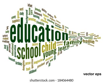 Vector concept or conceptual education abstract word cloud, white background, metaphor to child, family, school, life, learn, knowledge, home, study, teach, educational, achievement, childhood or teen