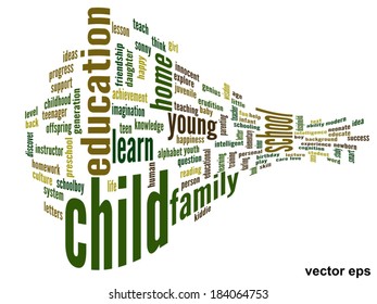 Concepto vectorial o educación conceptual nube de palabras abstracta, fondo blanco, metáfora al niño, la familia, la escuela, la vida, el aprendizaje, el conocimiento, el hogar, el estudio, la enseñanza, la educación, el logro, la infancia o la adolescencia