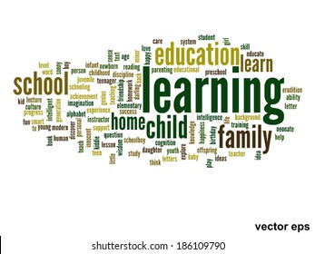 Concepto vectorial o educación conceptual nube de palabras abstracta, fondo blanco, metáfora al niño, la familia, la escuela, la vida, el aprendizaje, el conocimiento, el hogar, el estudio, la enseñanza, la educación, el logro, la infancia o la adolescencia
