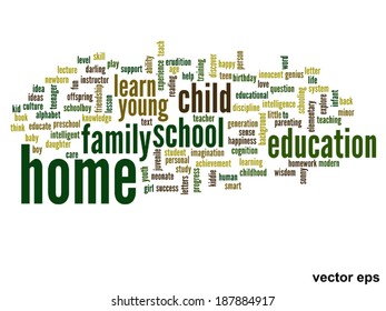 Vector concept or conceptual education abstract word cloud, white background, metaphor to child, family, school, life, learn, knowledge, home, study, teach, educational, achievement, childhood or teen