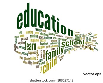 Concepto vectorial o educación conceptual nube de palabras abstracta, fondo blanco, metáfora al niño, la familia, la escuela, la vida, el aprendizaje, el conocimiento, el hogar, el estudio, la enseñanza, la educación, el logro, la infancia o la adolescencia