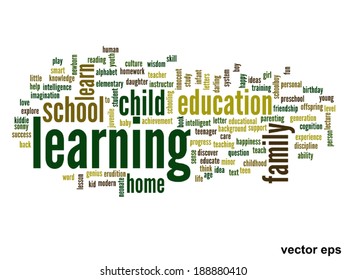 Vector concept or conceptual education abstract word cloud, white background, metaphor to child, family, school, life, learn, knowledge, home, study, teach, educational, achievement, childhood or teen