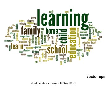 Concepto vectorial o educación conceptual nube de palabras abstracta, fondo blanco, metáfora al niño, la familia, la escuela, la vida, el aprendizaje, el conocimiento, el hogar, el estudio, la enseñanza, la educación, el logro, la infancia o la adolescencia