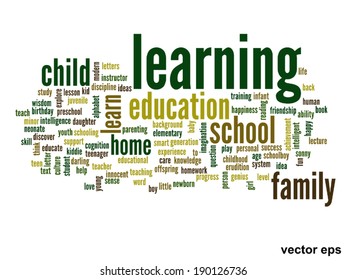 Vektor-Konzept oder konzeptionelle Erziehung abstrakte Wörter Cloud, weißer Hintergrund, Metapher für Kind, Familie, Schule, Leben, Lernen, Wissen, Zuhause, Studium, Lehre, Erziehung, Kindheit oder Teenager