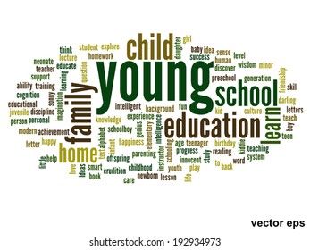 Vetor conceito ou educação conceitual palavra abstrata nuvem, fundo branco, metáfora para criança, família, escola, vida, aprender, conhecimento, casa, estudo, ensinar, educacional, realização, infância ou adolescente