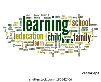 Vector concept or conceptual education abstract word cloud, white background, metaphor to child, family, school, life, learn, knowledge, home, study, teach, educational, achievement, childhood or teen