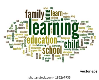 Vector concept or conceptual education abstract word cloud, white background, metaphor to child, family, school, life, learn, knowledge, home, study, teach, educational, achievement, childhood or teen