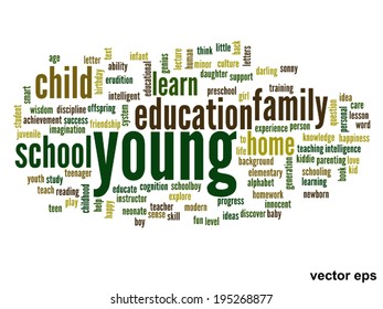 Vector concept or conceptual education abstract word cloud, white background, metaphor to child, family, school, life, learn, knowledge, home, study, teach, educational, achievement, childhood or teen