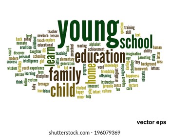Vektor-Konzept oder konzeptionelle Erziehung abstrakte Wörter Cloud, weißer Hintergrund, Metapher für Kind, Familie, Schule, Leben, Lernen, Wissen, Zuhause, Studium, Lehre, Erziehung, Kindheit oder Teenager