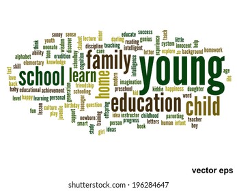Concepto vectorial o educación conceptual nube de palabras abstracta, fondo blanco, metáfora al niño, la familia, la escuela, la vida, el aprendizaje, el conocimiento, el hogar, el estudio, la enseñanza, la educación, el logro, la infancia o la adolescencia