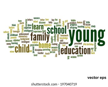 Vector concept or conceptual education abstract word cloud, white background, metaphor to child, family, school, life, learn, knowledge, home, study, teach, educational, achievement, childhood or teen