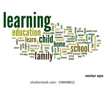 Vector concept or conceptual education abstract word cloud, white background, metaphor to child, family, school, life, learn, knowledge, home, study, teach, educational, achievement, childhood or teen