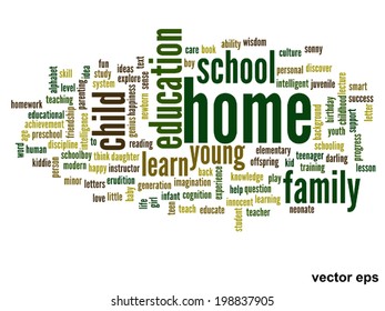 Vector concept or conceptual education abstract word cloud, white background, metaphor to child, family, school, life, learn, knowledge, home, study, teach, educational, achievement, childhood or teen