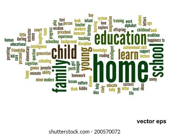 Vector concept or conceptual education abstract word cloud, white background, metaphor to child, family, school, life, learn, knowledge, home, study, teach, educational, achievement, childhood or teen