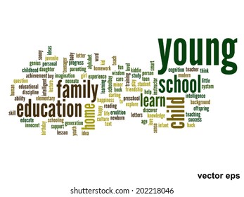 Vector concept or conceptual education abstract word cloud, white background, metaphor to child, family, school, life, learn, knowledge, home, study, teach, educational, achievement, childhood or teen