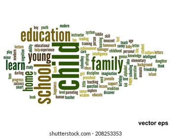 Concepto vectorial o educación conceptual nube de palabras abstracta, fondo blanco, metáfora al niño, la familia, la escuela, la vida, el aprendizaje, el conocimiento, el hogar, el estudio, la enseñanza, la educación, el logro, la infancia o la adolescencia