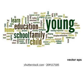 Vector concept or conceptual education abstract word cloud, white background, metaphor to child, family, school, life, learn, knowledge, home, study, teach, educational, achievement, childhood or teen