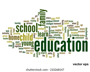 Vector concept or conceptual education abstract word cloud, white background, metaphor to child, family, school, life, learn, knowledge, home, study, teach, educational, achievement, childhood or teen