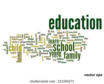 Concepto vectorial o educación conceptual nube de palabras abstracta, fondo blanco, metáfora al niño, la familia, la escuela, la vida, el aprendizaje, el conocimiento, el hogar, el estudio, la enseñanza, la educación, el logro, la infancia o la adolescencia