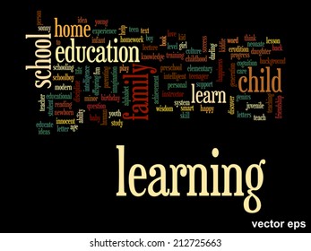 Vector concept or conceptual education abstract word cloud, black background, metaphor to child, family, school, life, learn, knowledge, home, study, teach, educational, achievement, childhood or teen