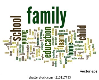 Vector concept or conceptual education abstract word cloud, white background, metaphor to child, family, school, life, learn, knowledge, home, study, teach, educational, achievement, childhood or teen