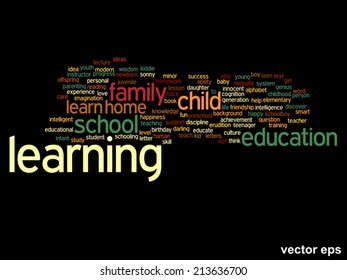 Vector concept or conceptual education abstract word cloud, black background, metaphor to child, family, school, life, learn, knowledge, home, study, teach, educational, achievement, childhood or teen