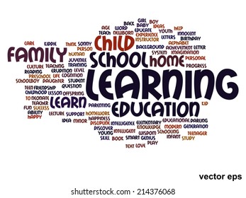 Vector concept or conceptual education abstract word cloud, white background, metaphor to child, family, school, life, learn, knowledge, home, study, teach, educational, achievement, childhood or teen