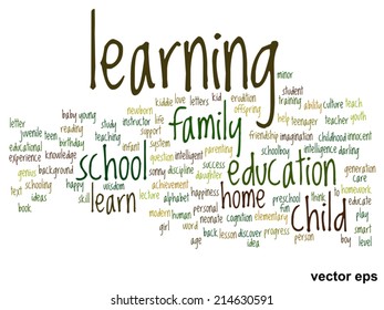 Concepto vectorial o educación conceptual nube de palabras abstracta, fondo blanco, metáfora al niño, la familia, la escuela, la vida, el aprendizaje, el conocimiento, el hogar, el estudio, la enseñanza, la educación, el logro, la infancia o la adolescencia