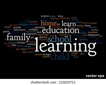 Vektor-Konzept oder konzeptionelle Erziehung abstrakte Wörter Cloud, schwarzer Hintergrund, Metapher für Kind, Familie, Schule, Leben, Lernen, Wissen, Zuhause, Studium, Lehre, Erziehung, Kindheit oder Teenager