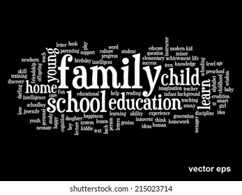 Concepto vectorial o educación conceptual nube de palabras abstracta, fondo negro, metáfora al niño, la familia, la escuela, la vida, el aprendizaje, el conocimiento, el hogar, el estudio, la enseñanza, la educación, el logro, la infancia o la adolescencia