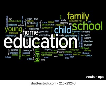 Vector concept or conceptual education abstract word cloud, black background, metaphor to child, family, school, life, learn, knowledge, home, study, teach, educational, achievement, childhood or teen