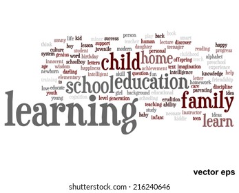 Vector concept or conceptual education abstract word cloud, white background, metaphor to child, family, school, life, learn, knowledge, home, study, teach, educational, achievement, childhood or teen