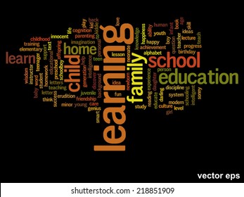 Vektor-Konzept oder konzeptionelle Erziehung abstrakte Wörter Cloud, schwarzer Hintergrund, Metapher für Kind, Familie, Schule, Leben, Lernen, Wissen, Zuhause, Studium, Lehre, Erziehung, Kindheit oder Teenager