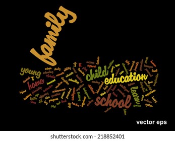 Concepto vectorial o educación conceptual nube de palabras abstracta, fondo negro, metáfora al niño, la familia, la escuela, la vida, el aprendizaje, el conocimiento, el hogar, el estudio, la enseñanza, la educación, el logro, la infancia o la adolescencia