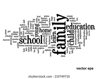 Vector concept or conceptual education abstract word cloud, white background, metaphor to child, family, school, life, learn, knowledge, home, study, teach, educational, achievement, childhood or teen