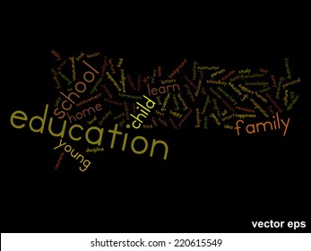 Vector concept or conceptual education abstract word cloud, black background, metaphor to child, family, school, life, learn, knowledge, home, study, teach, educational, achievement, childhood or teen
