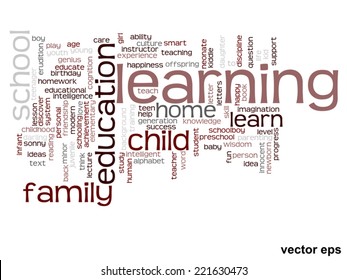 Vektor-Konzept oder konzeptionelle Erziehung abstrakte Wörter Cloud, weißer Hintergrund, Metapher für Kind, Familie, Schule, Leben, Lernen, Wissen, Zuhause, Studium, Lehre, Erziehung, Kindheit oder Teenager