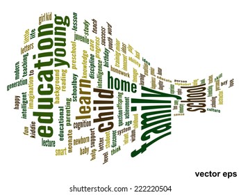 Vector concept or conceptual education abstract word cloud, white background, metaphor to child, family, school, life, learn, knowledge, home, study, teach, educational, achievement, childhood or teen