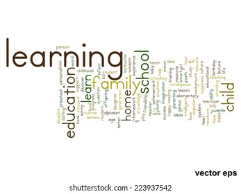 Concepto vectorial o educación conceptual nube de palabras abstracta, fondo blanco, metáfora al niño, la familia, la escuela, la vida, el aprendizaje, el conocimiento, el hogar, el estudio, la enseñanza, la educación, el logro, la infancia o la adolescencia