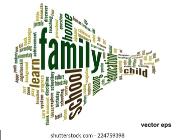 Vector concept or conceptual education abstract word cloud, white background, metaphor to child, family, school, life, learn, knowledge, home, study, teach, educational, achievement, childhood or teen