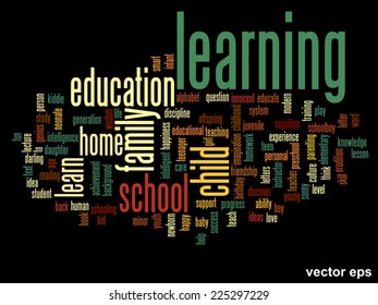 Concepto vectorial o educación conceptual nube de palabras abstracta, fondo negro, metáfora al niño, la familia, la escuela, la vida, el aprendizaje, el conocimiento, el hogar, el estudio, la enseñanza, la educación, el logro, la infancia o la adolescencia