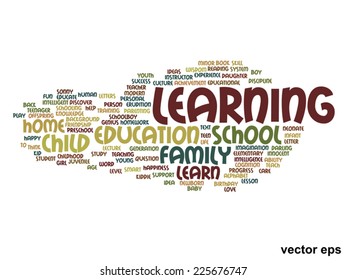 Concepto vectorial o educación conceptual nube de palabras abstracta, fondo blanco, metáfora al niño, la familia, la escuela, la vida, el aprendizaje, el conocimiento, el hogar, el estudio, la enseñanza, la educación, el logro, la infancia o la adolescencia