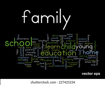Vector concept or conceptual education abstract word cloud, black background, metaphor to child, family, school, life, learn, knowledge, home, study, teach, educational, achievement, childhood or teen