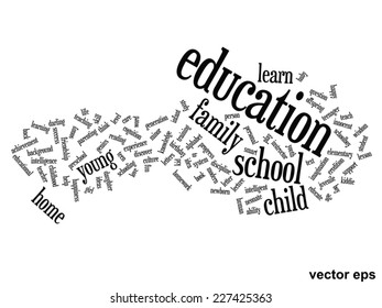 Vector concept or conceptual education abstract word cloud, white background, metaphor to child, family, school, life, learn, knowledge, home, study, teach, educational, achievement, childhood or teen