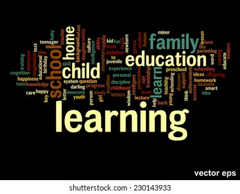 Concepto vectorial o educación conceptual nube de palabras abstracta, fondo negro, metáfora al niño, la familia, la escuela, la vida, el aprendizaje, el conocimiento, el hogar, el estudio, la enseñanza, la educación, el logro, la infancia o la adolescencia